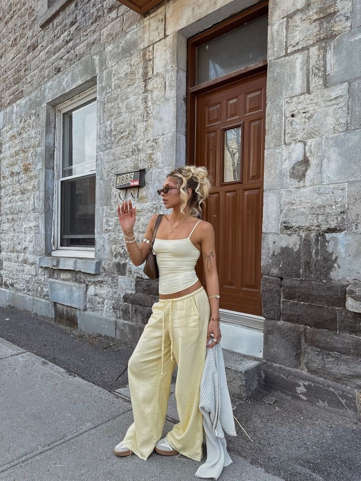 Pantalon Large en Lin Jaune