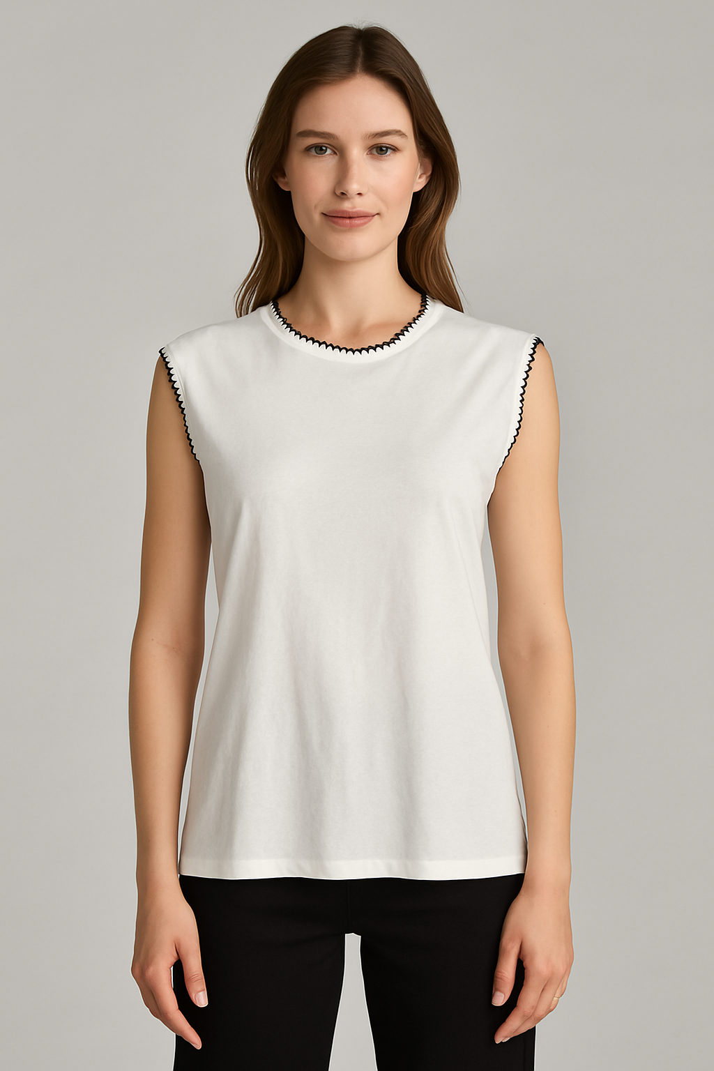 T-shirt Sans Manches Femme – Finitions Zigzag (Blanc, Noir, Jaune)